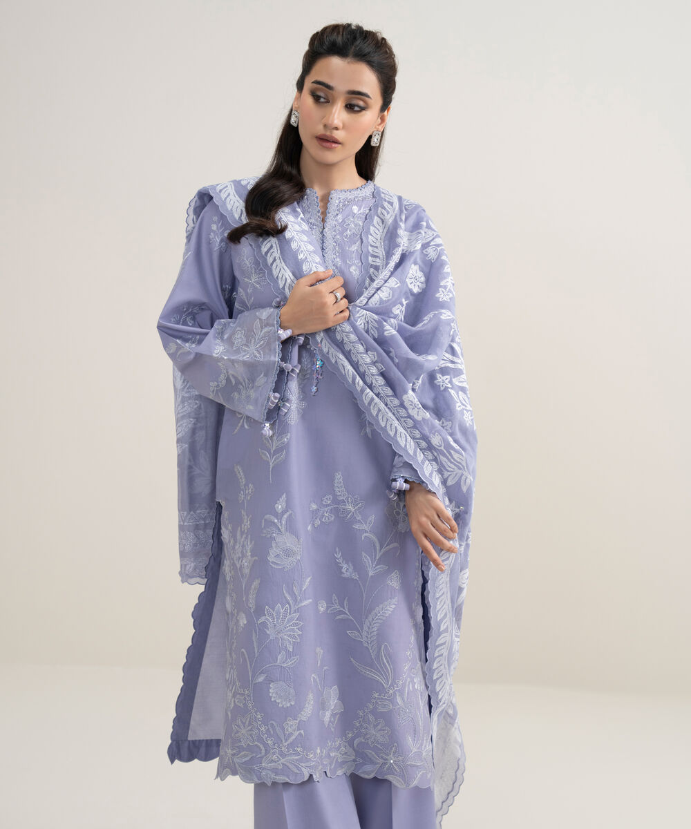 Women's Unstitched Textured Lawn Embroidered Purple 3 Piece Suit