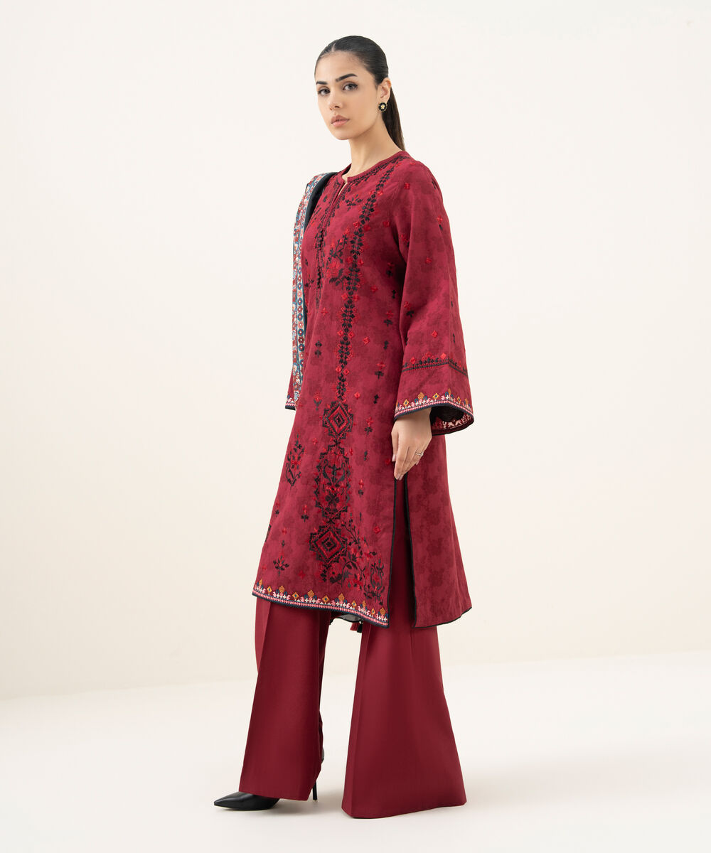 Women's Unstitched Embroidered Cotton Jacquard Red 3 Piece Suit