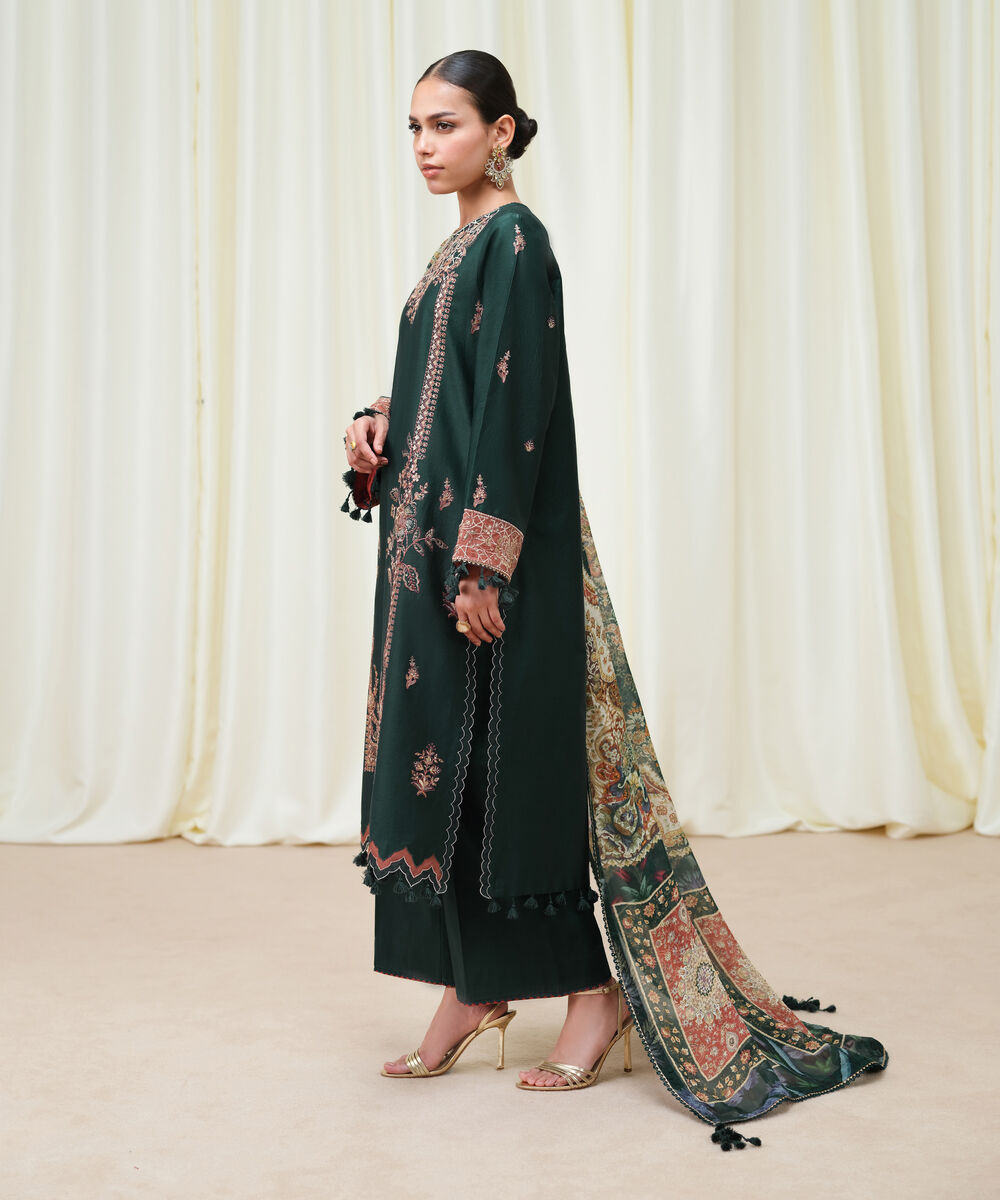 Women's Unstitched Fine Cotton Satin Embroidered Green 3 Piece Suit