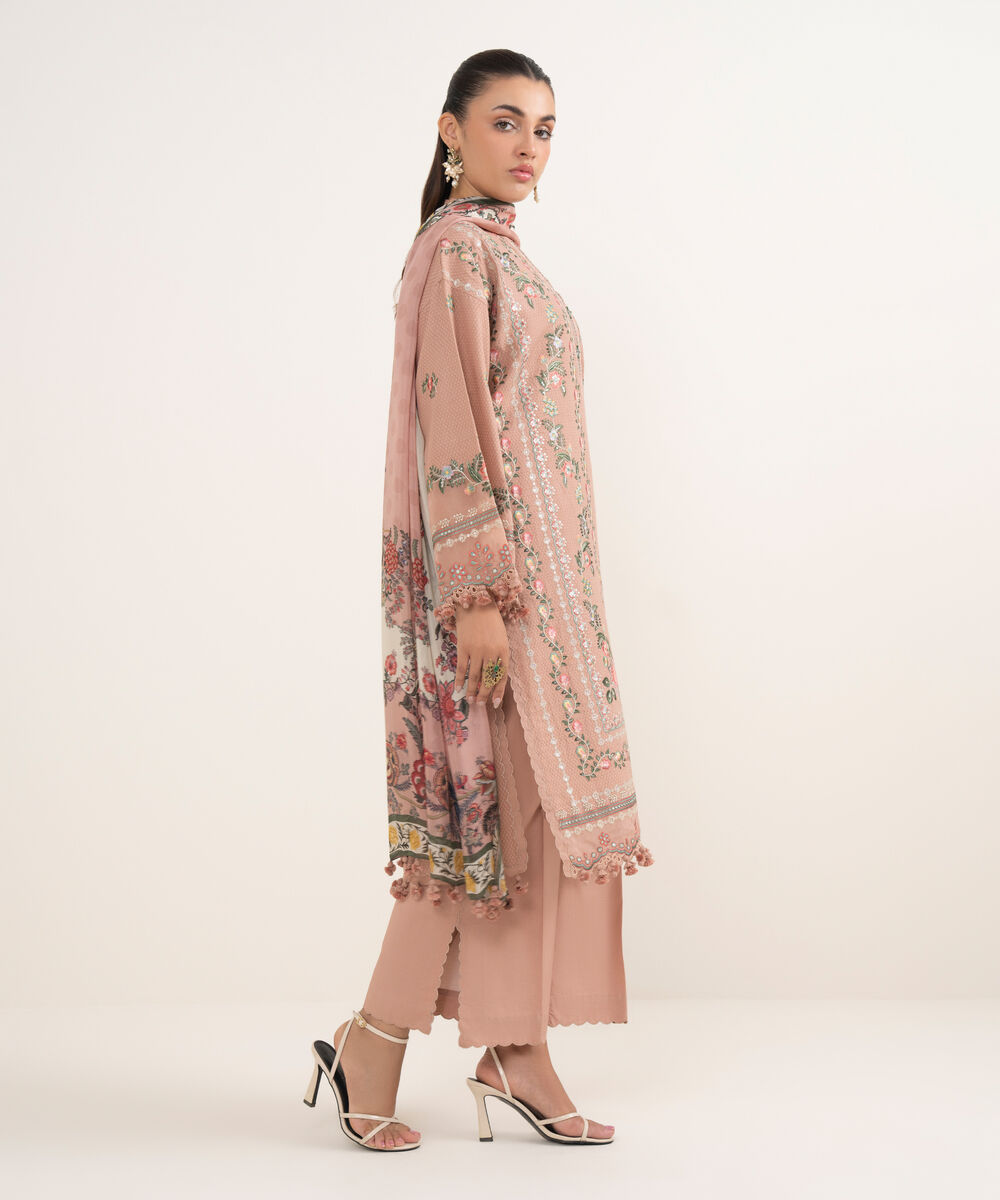 Women's Unstitched Dobby Embroidered Beige 3 Piece Suit