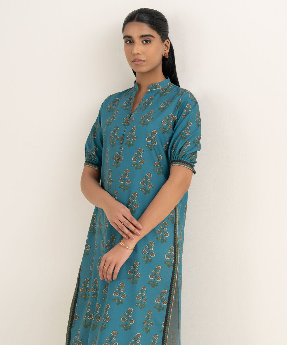 Women's Unstitched Cotton Printed Blue Shirt