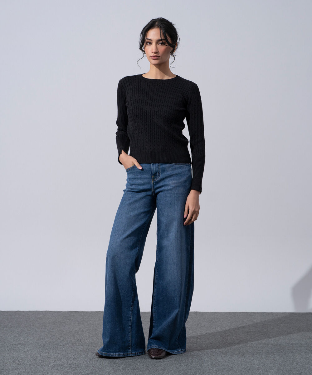 Women's Western Wear Black Textured Cable-Knit Jumper