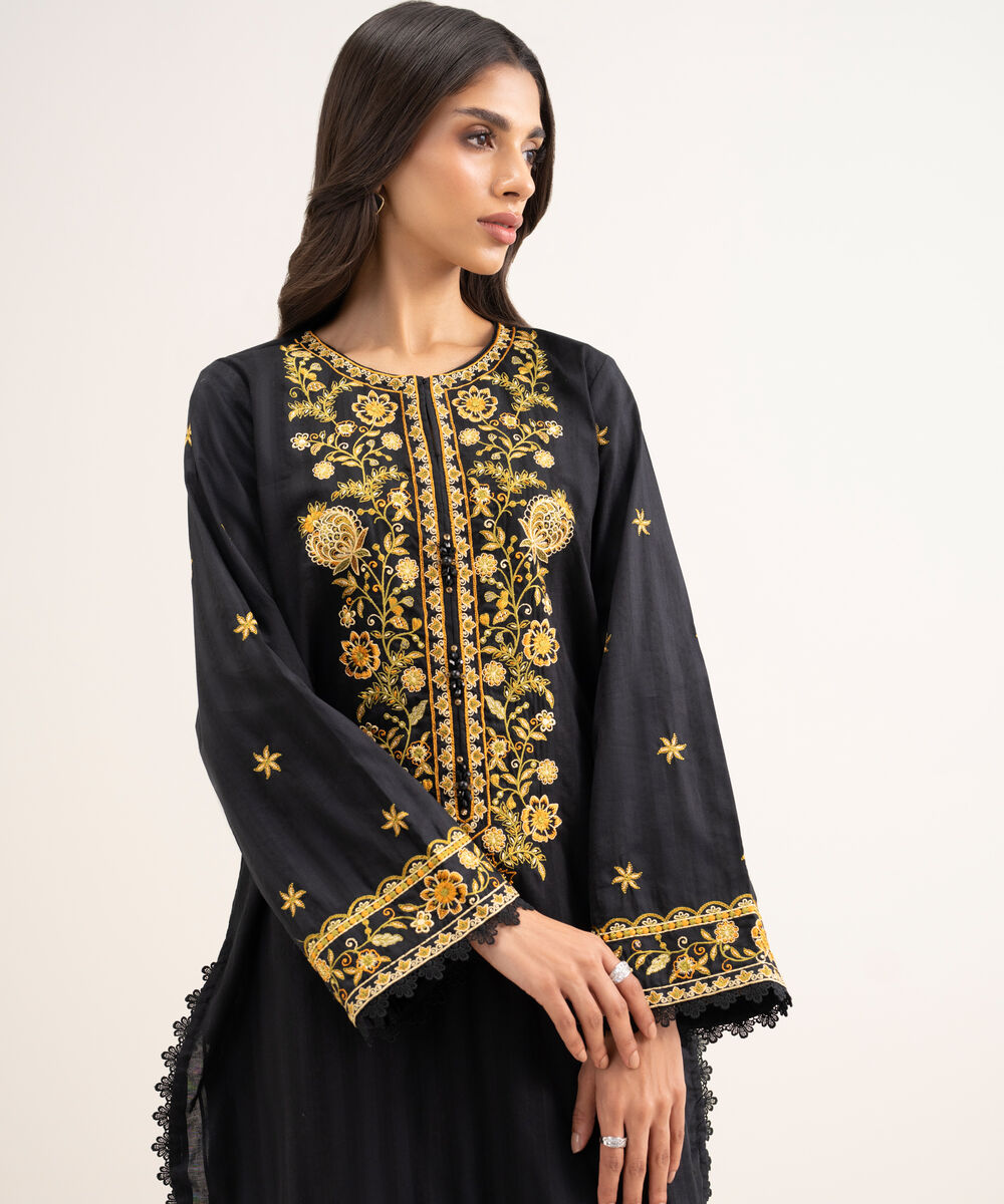 Women's RTW Leno Kara Embroidered Black Straight Shirt