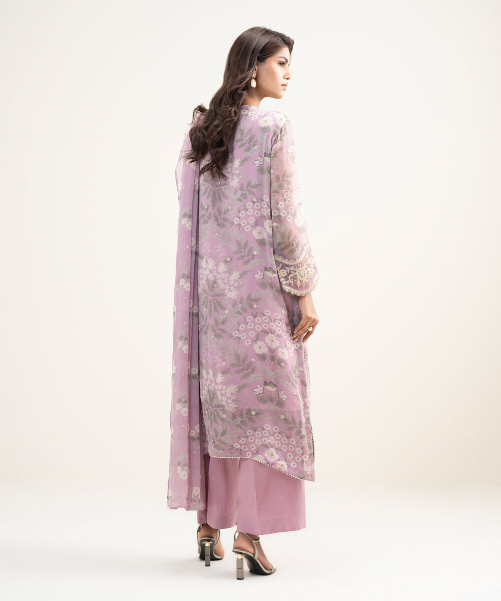 Women's RTW Blended Chiffon Embroidered Light Purple 3 Piece Suit