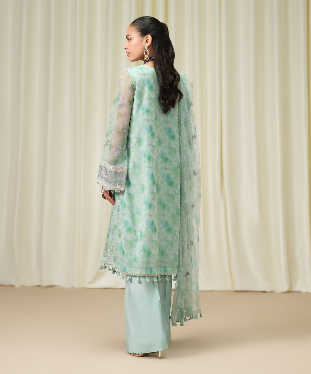 Women's Unstitched Blended Net Embroidered Green 3 Piece Suit