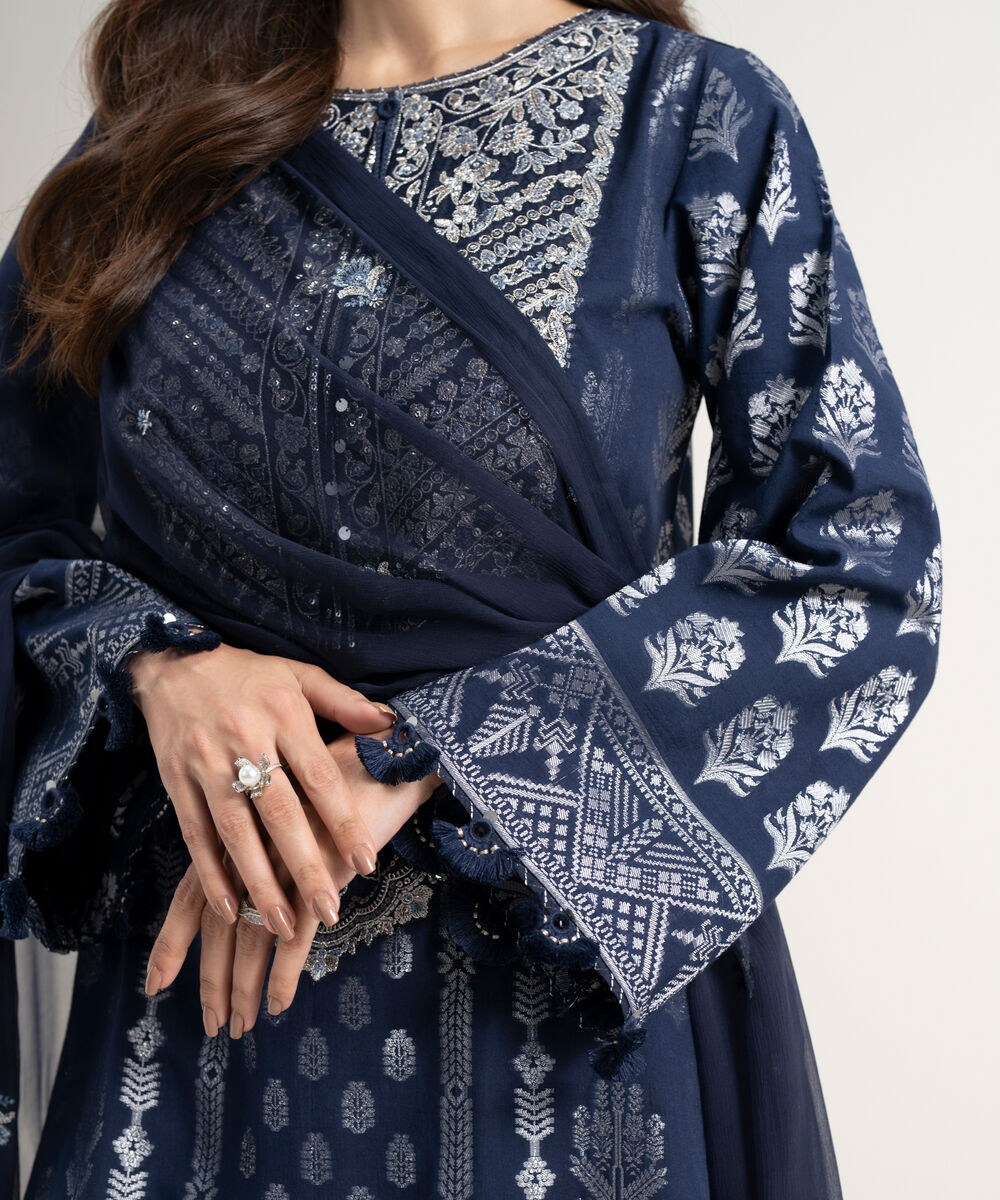 Women's Unstitched Extra Weft Jacquard Embroidered Blue 3 Piece Suit