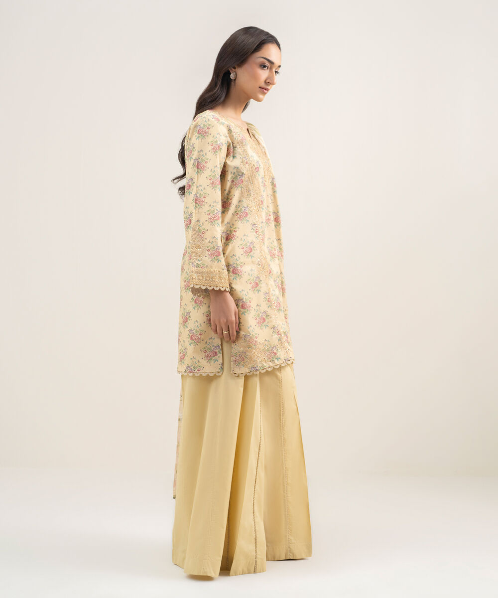 Women's RTW Zari Lawn Embroidered Yellow 3 Piece Suit