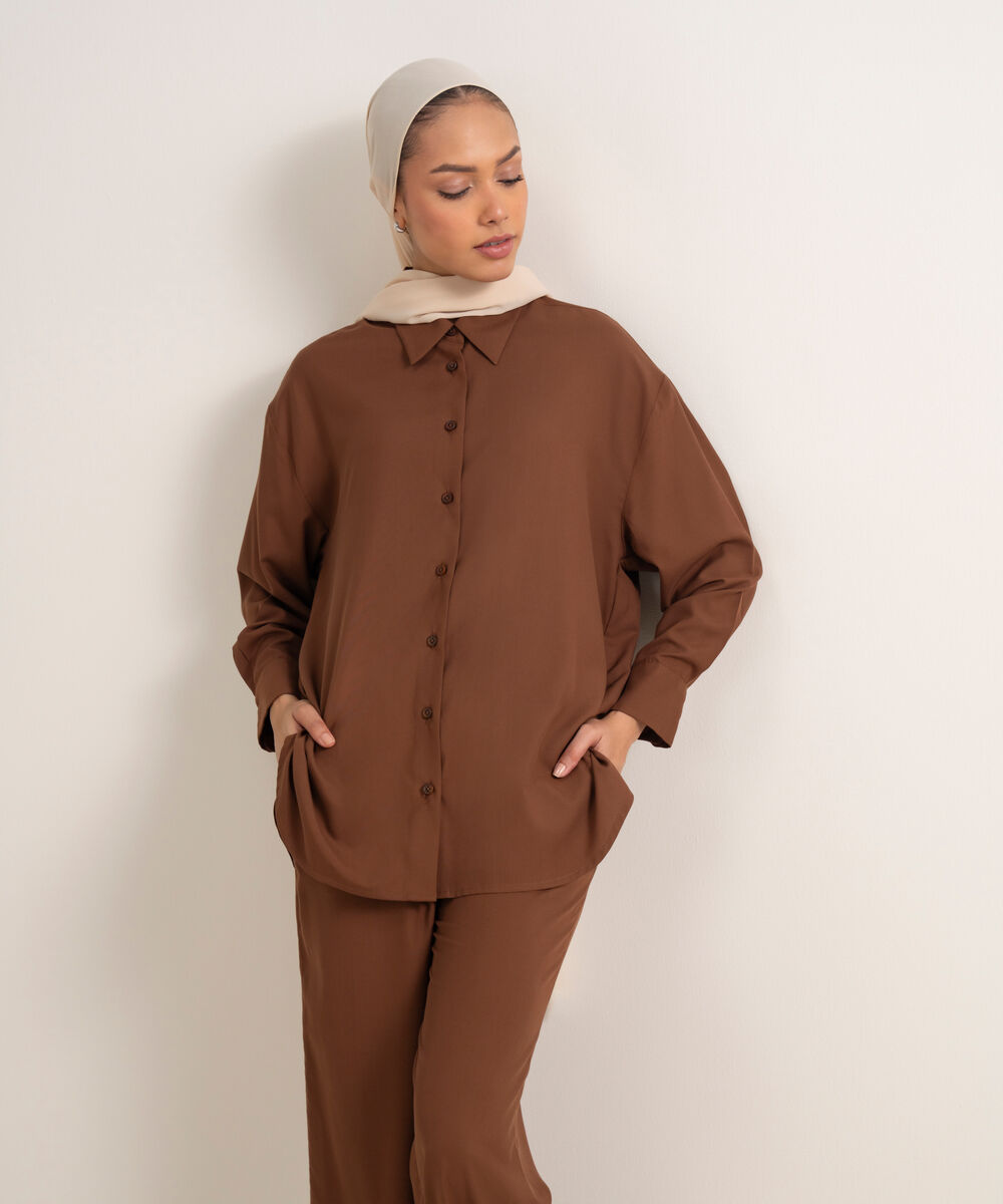 Women's Brown Viscose Button Down