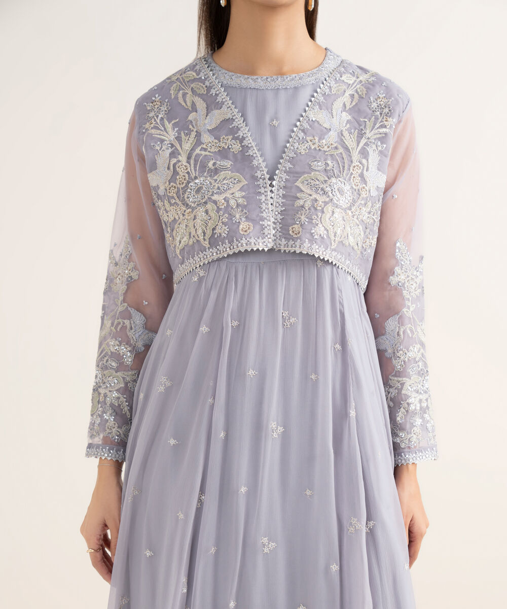 Women's RTW Bemberg Crinkle Chiffon Embroidered Blue 2 Piece Suit