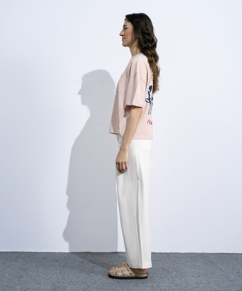 Women's Pink Loose-Fit Graphic T-Shirt With Pocket