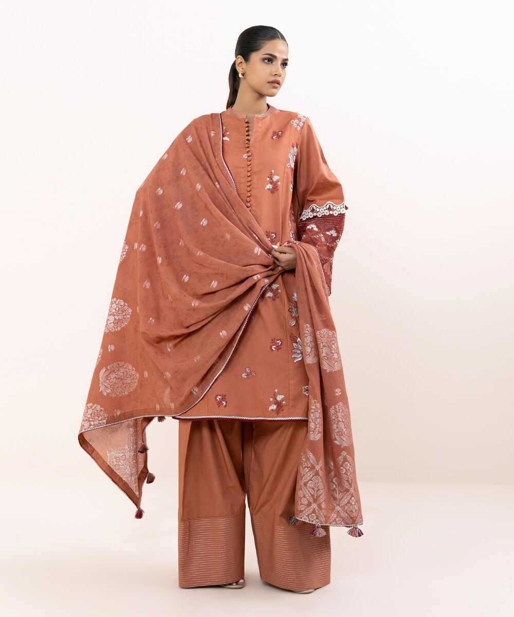 Women's Unstitched Light Cotton Satin Dyed Three Piece Suit