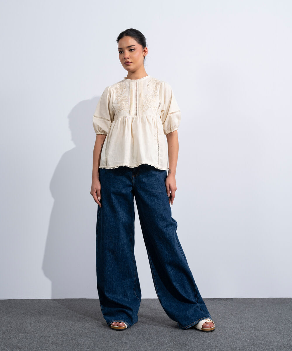 Women's Western Off-White Embroidered Top With Puffed Sleeve