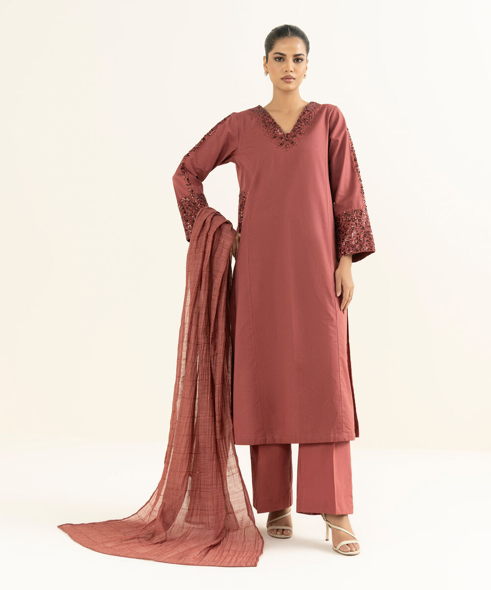 Women's RTW Multineps Embroidered Brown A-Line Shirt