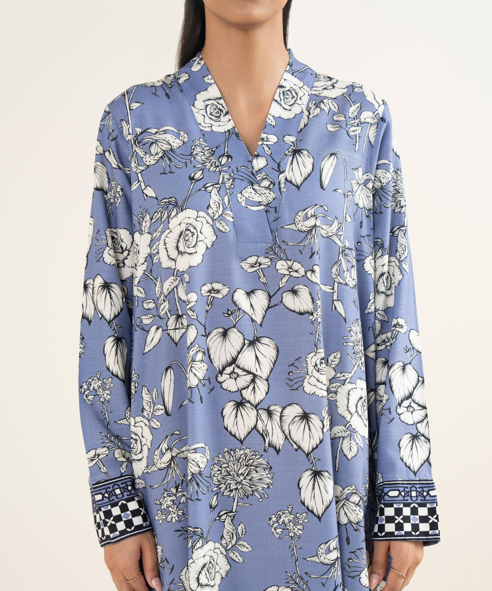 Women's RTW Herringbone Printed Steel Blue A-Line Shirt