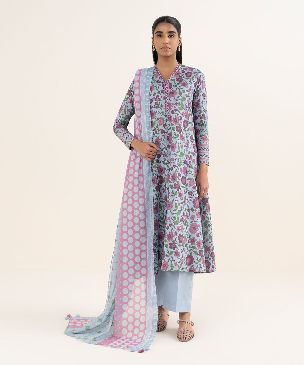 Women's Unstitched Lawn Printed Blue 3 Piece Suit