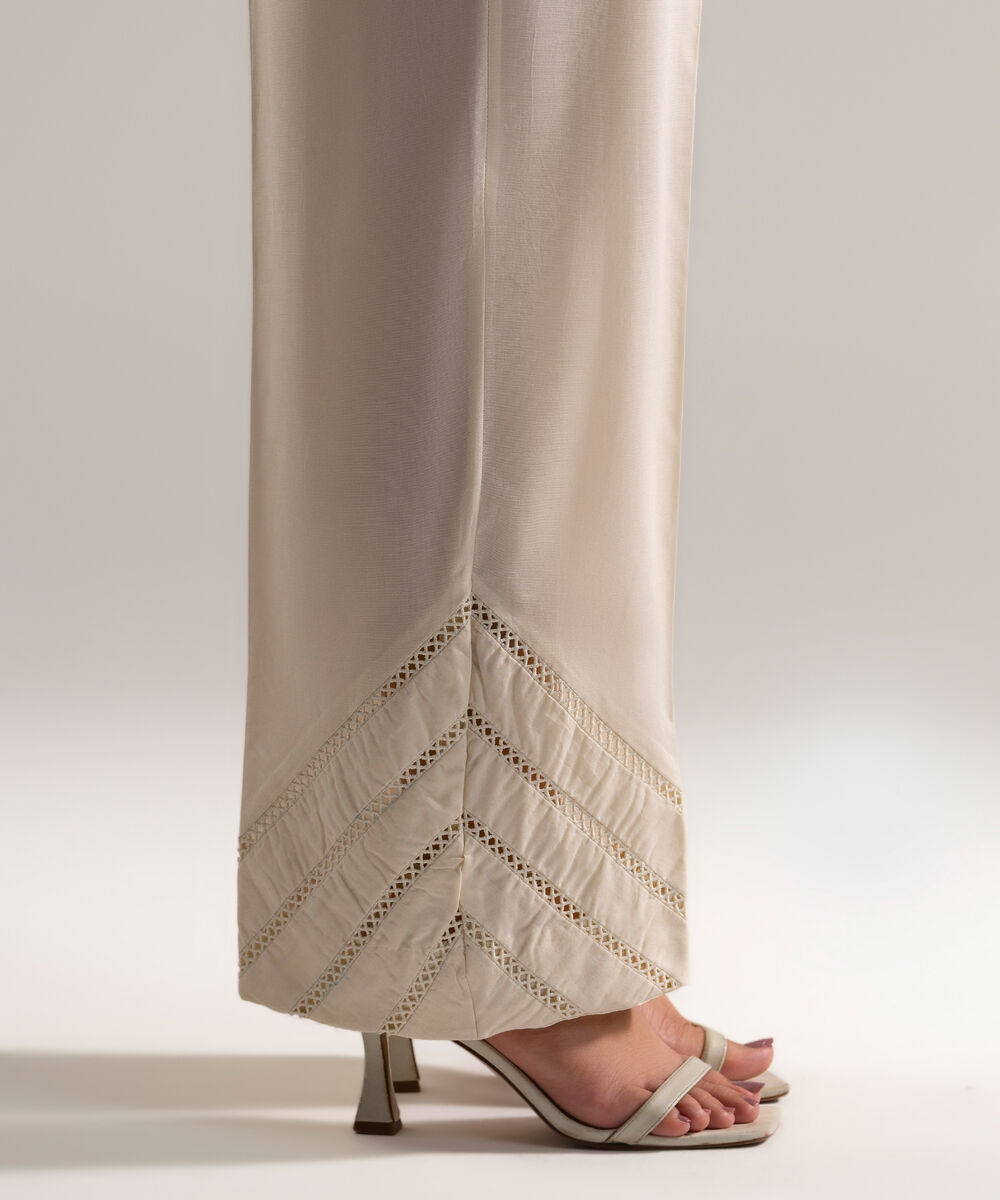 Women's RTW Cambric Solid Off White Straight Pants