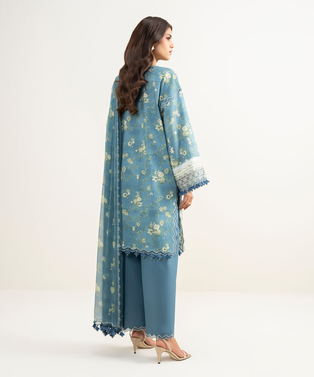 Women's Unstitched Fine Lawn Embroidered Blue 3 Piece Suit