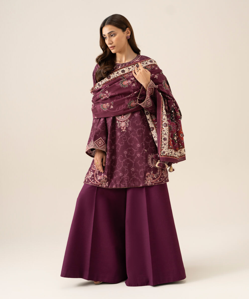 Women's Unstitched Light Khaddar Embroidered Plum 3 Piece Suit