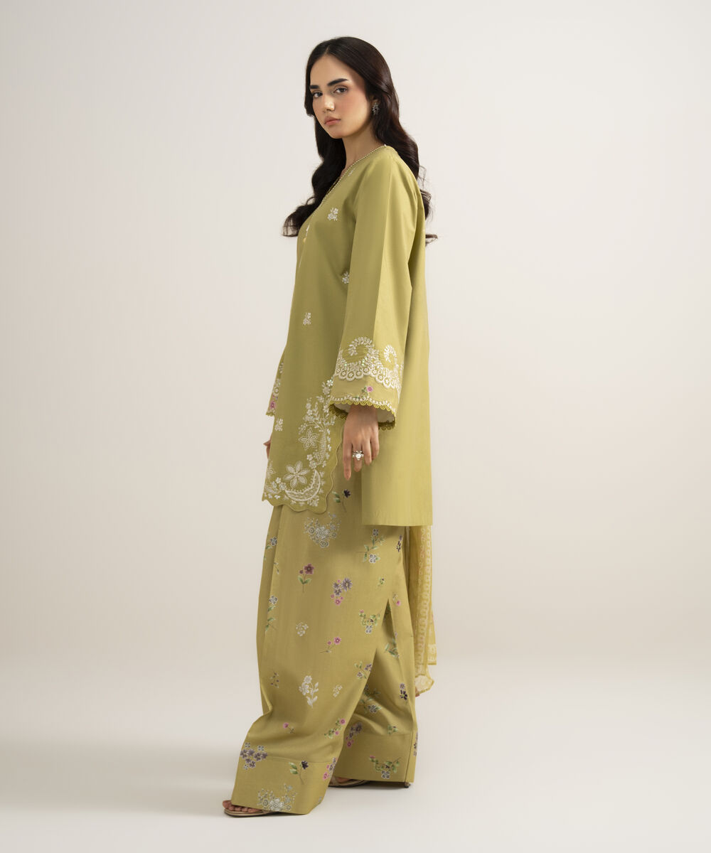 Women's Unstitched Slub Lawn Embroidered Yellow 3 Piece Suit