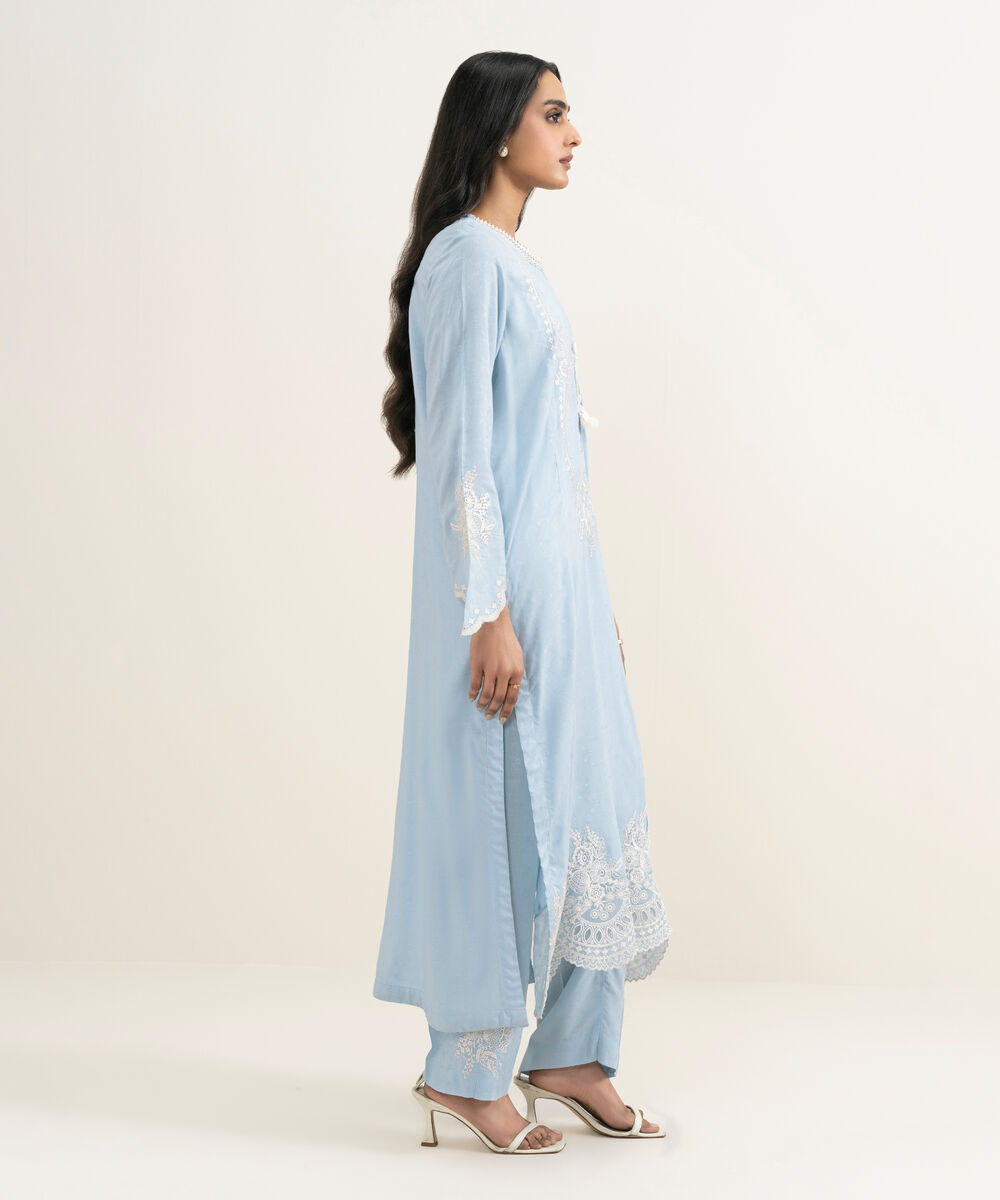Women's RTW Arabic Self Jacquard Embroidered Blue A-Line Shirt