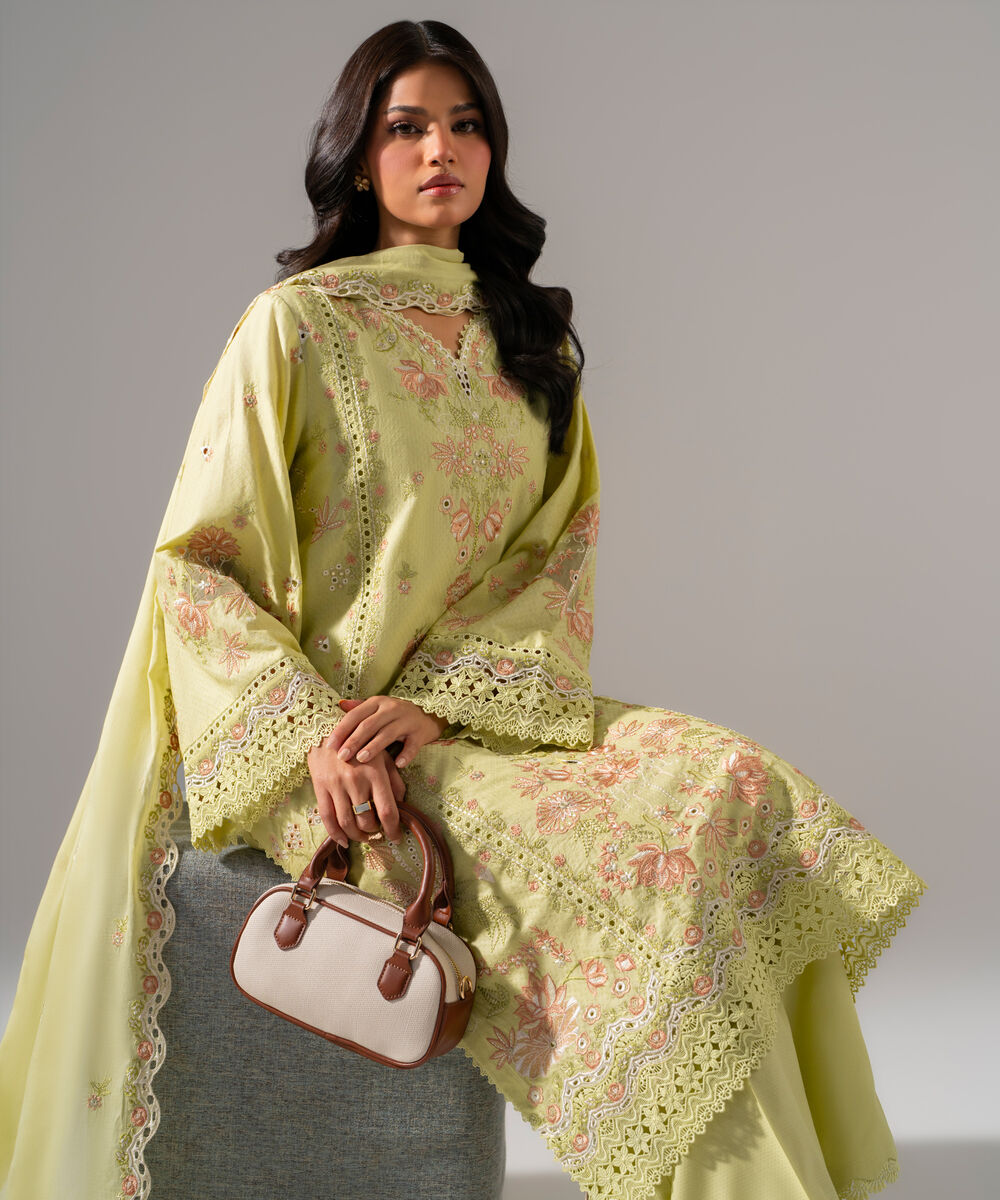 Women's RTW Dobby Solid Embroidered Yellow 3 Piece Suit