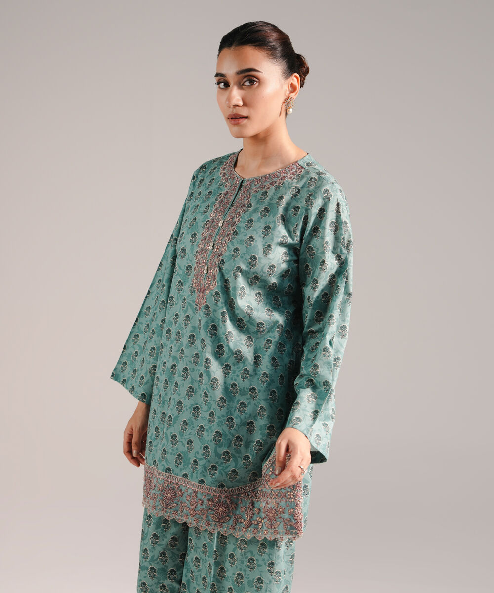 Women's RTW Slub Lawn Embroidered Blue Straight Shirt