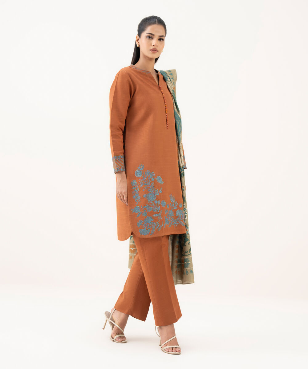 Women's Unstitched Light Khaddar Embroidered Orange 3 Piece Suit