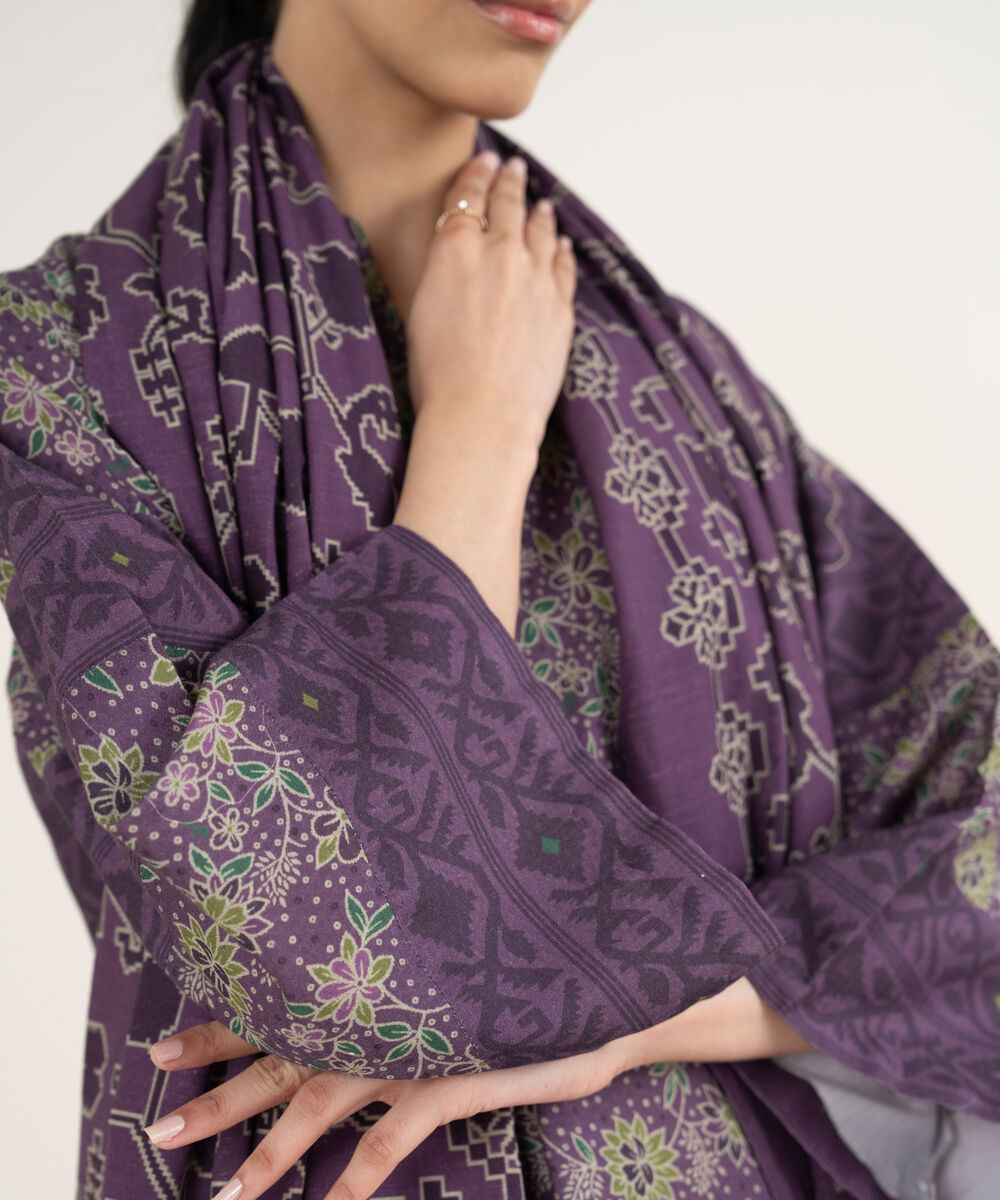 Women's Unstitched Printed Dobby Purple 3 Piece Suit