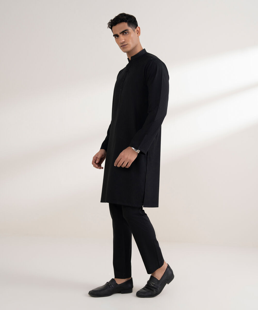 Men's Stitched Jacquard Black Kurta
