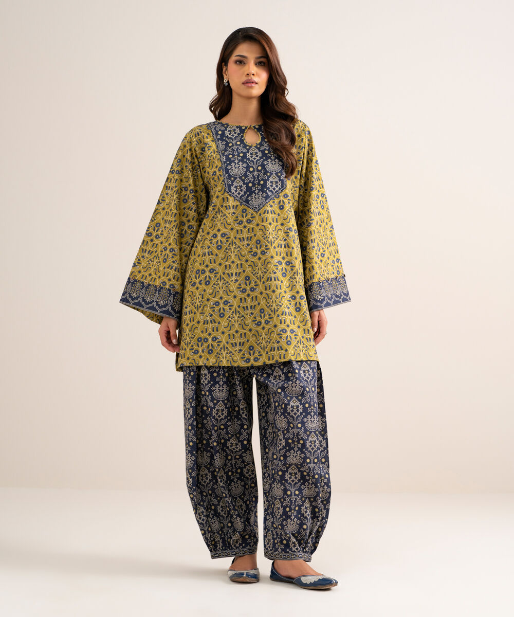 Women's Unstitched Cotton Printed Mustard 2 Piece Suit
