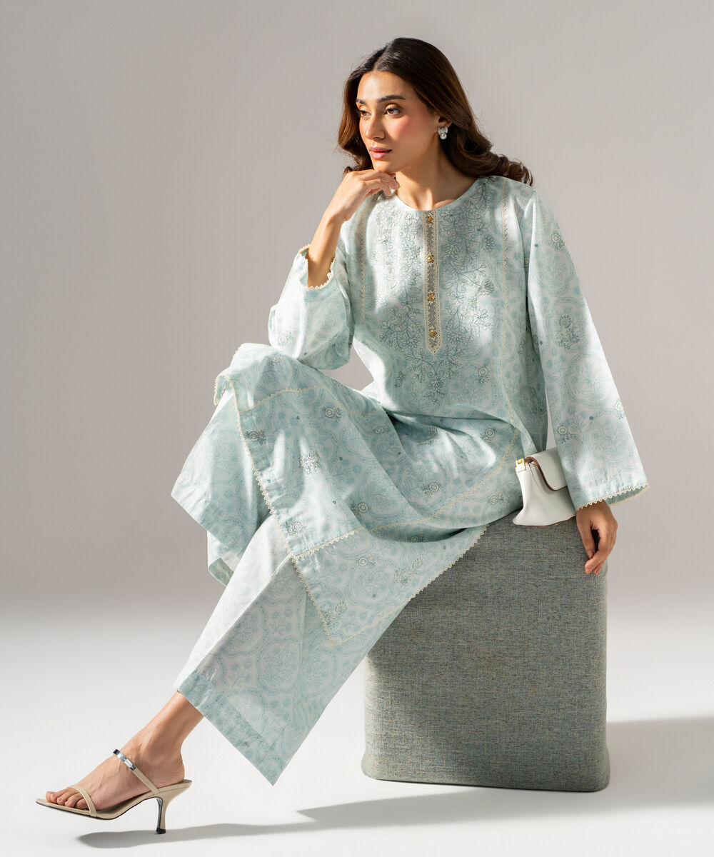 Women's RTW Fancy Cotton Printed Embroidered Ice Blue 2 Piece Suit