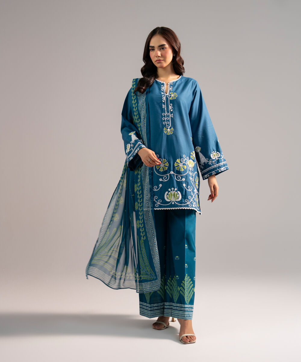 Women's RTW Dobby Embroidered Blue 3 Piece Suit