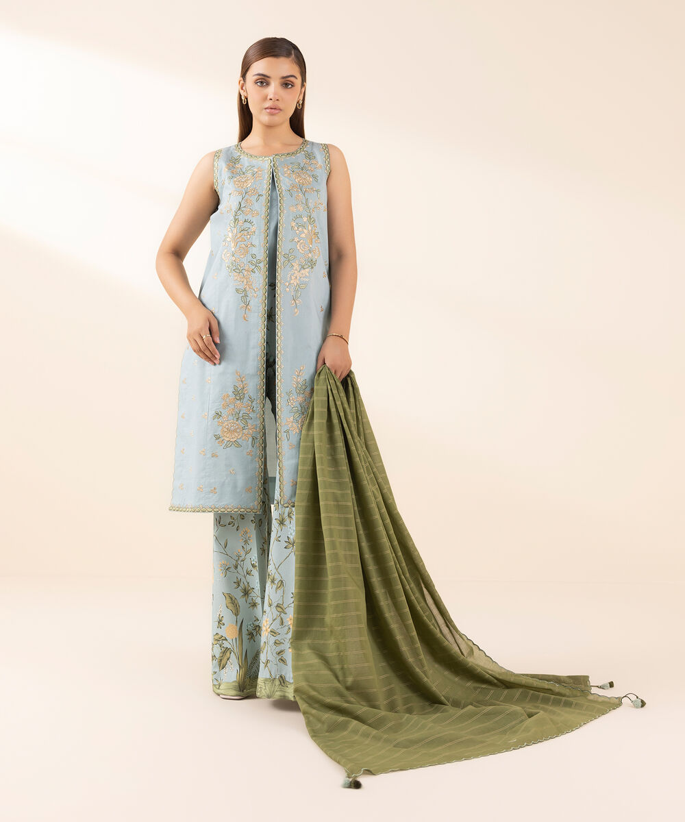Women's Unstitched Lawn Embroidered Blue 3 Piece Suit