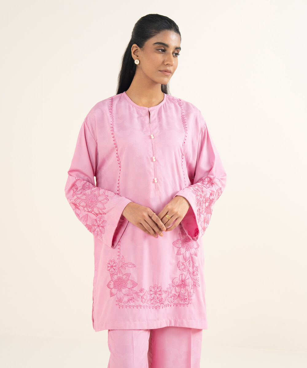 Women's RTW Self Jacquard Leno Embroidered Pink Drop Shoulder Shirt