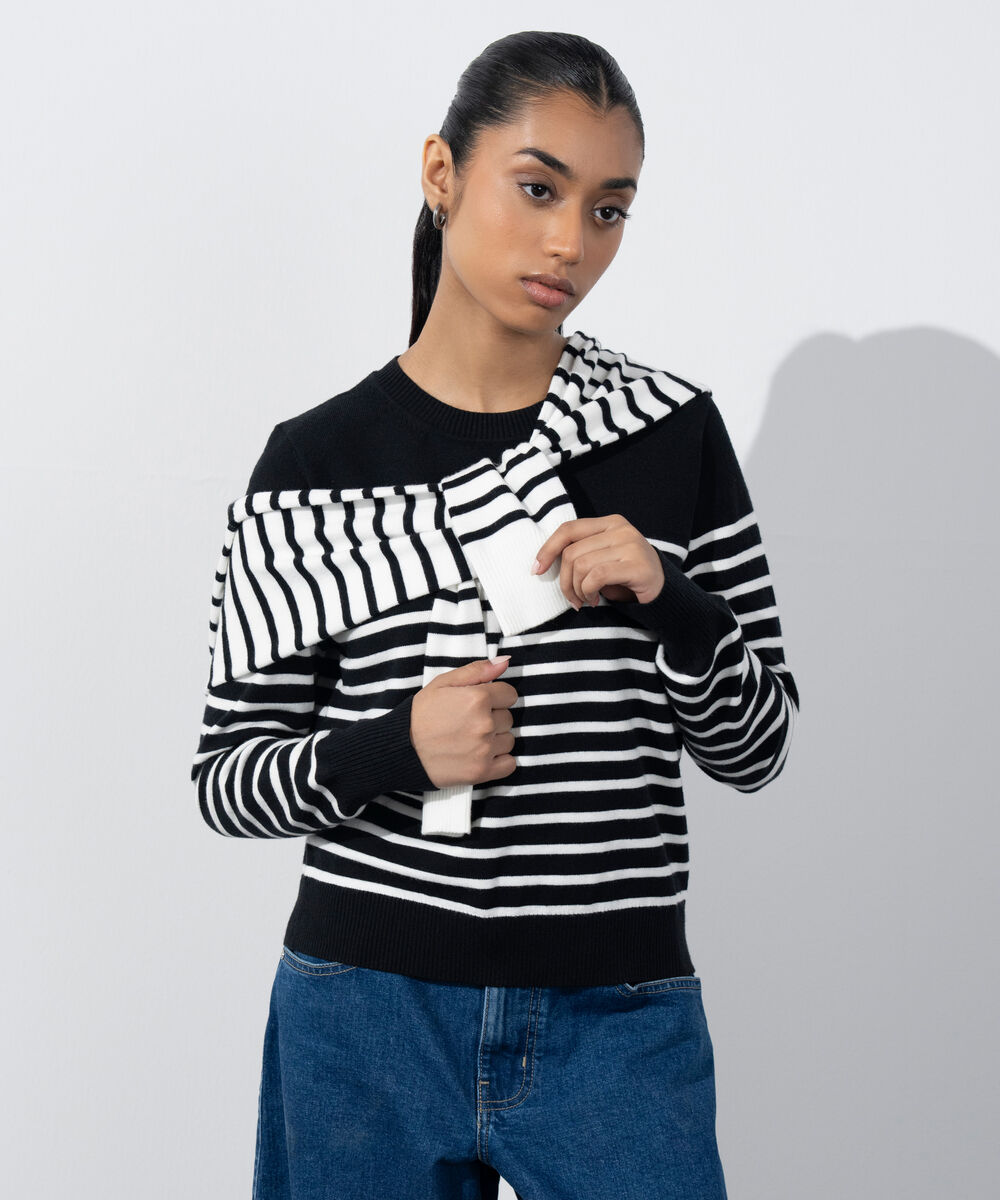 Women's Western Wear Black & White Striped Knit Sweater