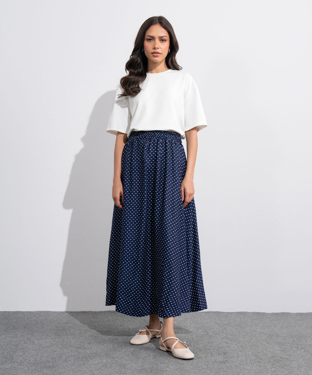 Women's Western Blue And  White Polka Dots Smocked Skirt