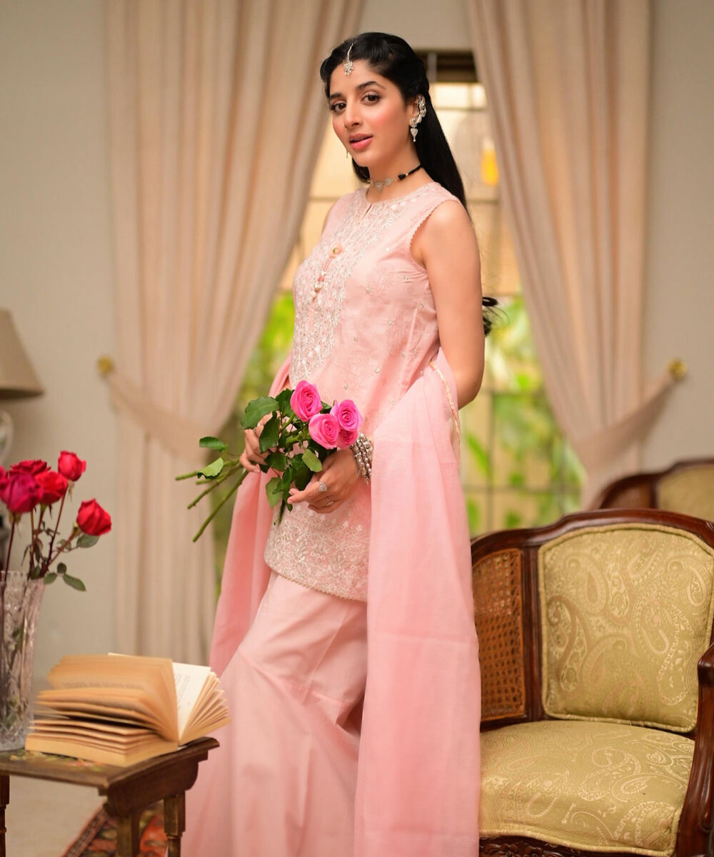 Women's RTW Lawn Embroidered Baby Pink 3 Piece Suit