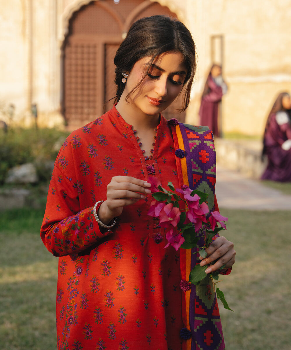 Women's Unstitched Khaddar Printed Orange   3 Piece Suit