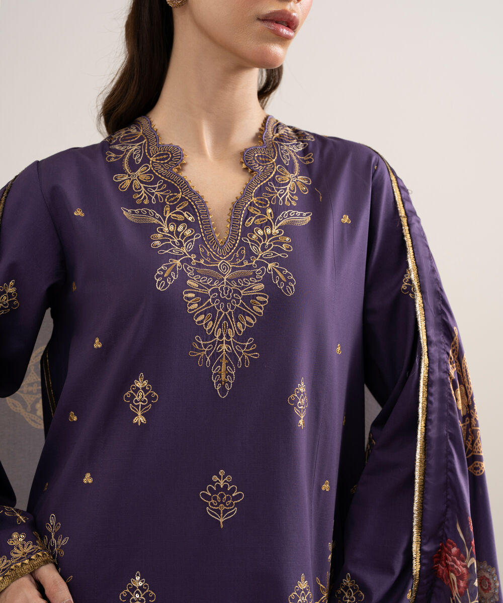 Women's Unstitched Dobby Embroidered Purple 3 Piece Suit