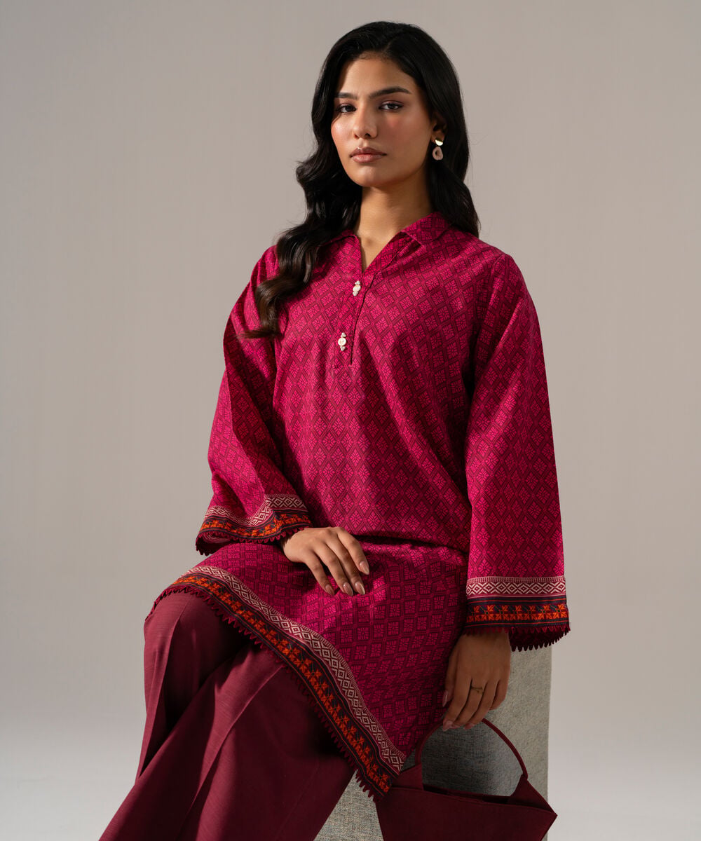 Women's RTW Khaddar Printed Pink Straight Shirt