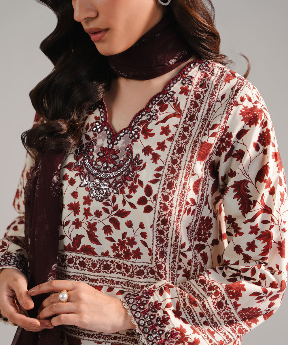 Women's RTW Cambric Embroidered Off White 3 Piece Suit