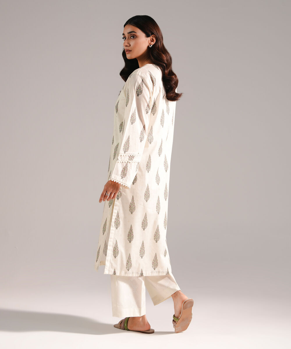 Women's RTW Lawn Printed Off White Straight Shirt