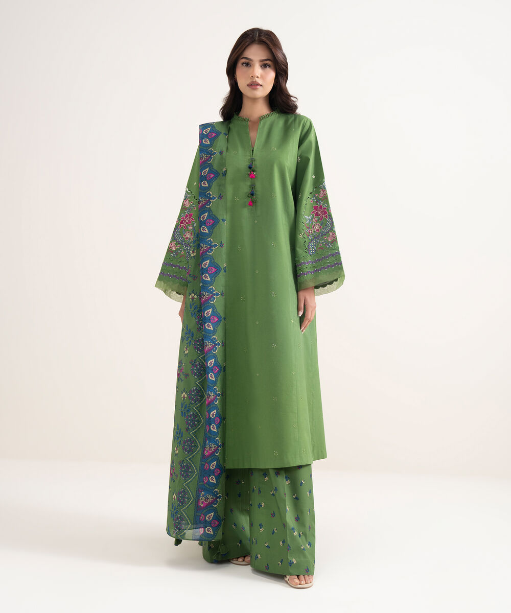 Women's Unstitched Textured Lawn Green Embroidered 3 Piece Suit