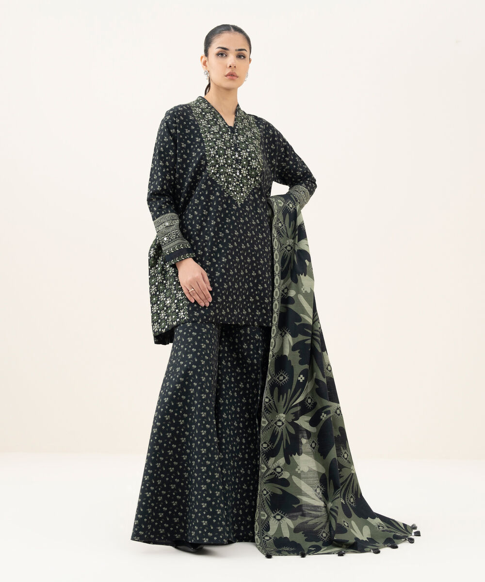 Women's Unstitched Printed Khaddar Black and Off White 3 Piece Suit