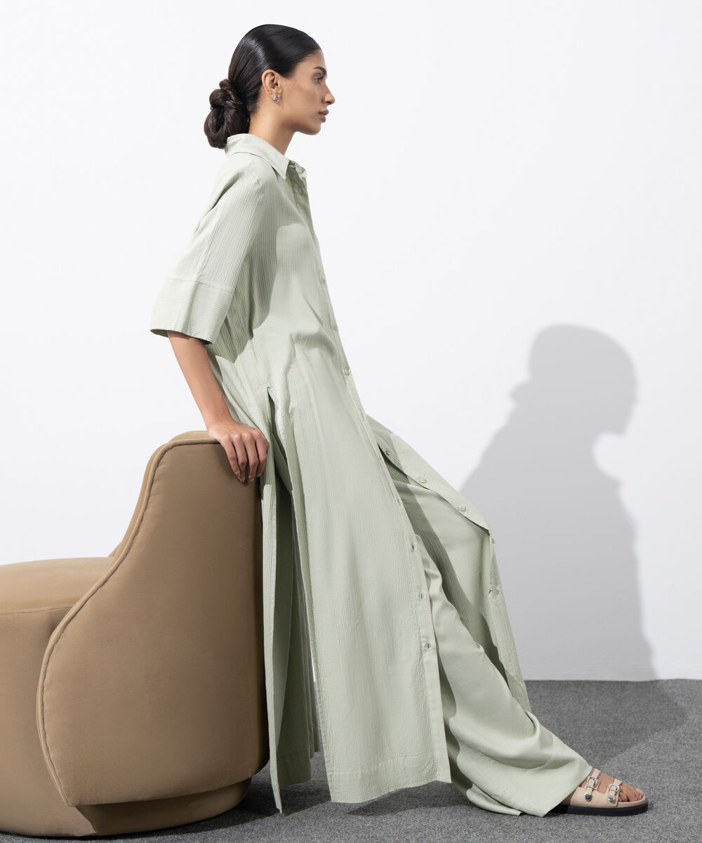 Women's Western Wear Green Seersucker Button Through Dress