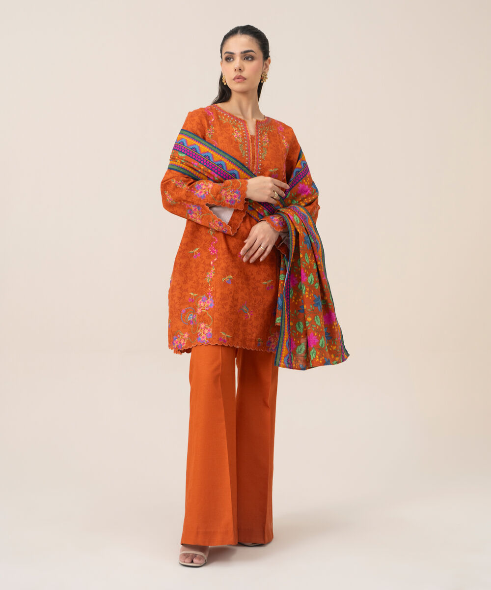 Women's Unstitched Premium Khaddar Embroidered Burnt Orange 3 Piece Suit