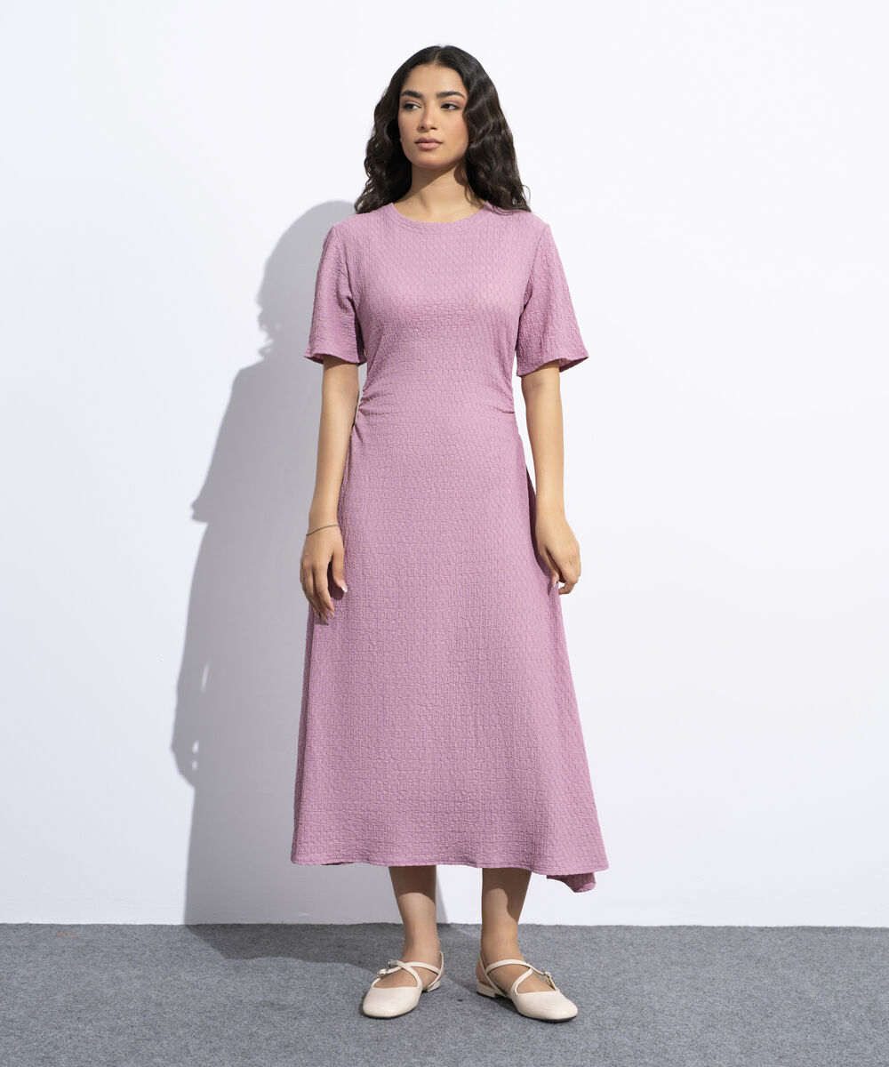 Women's Pink Cinched Waist Textured Dress