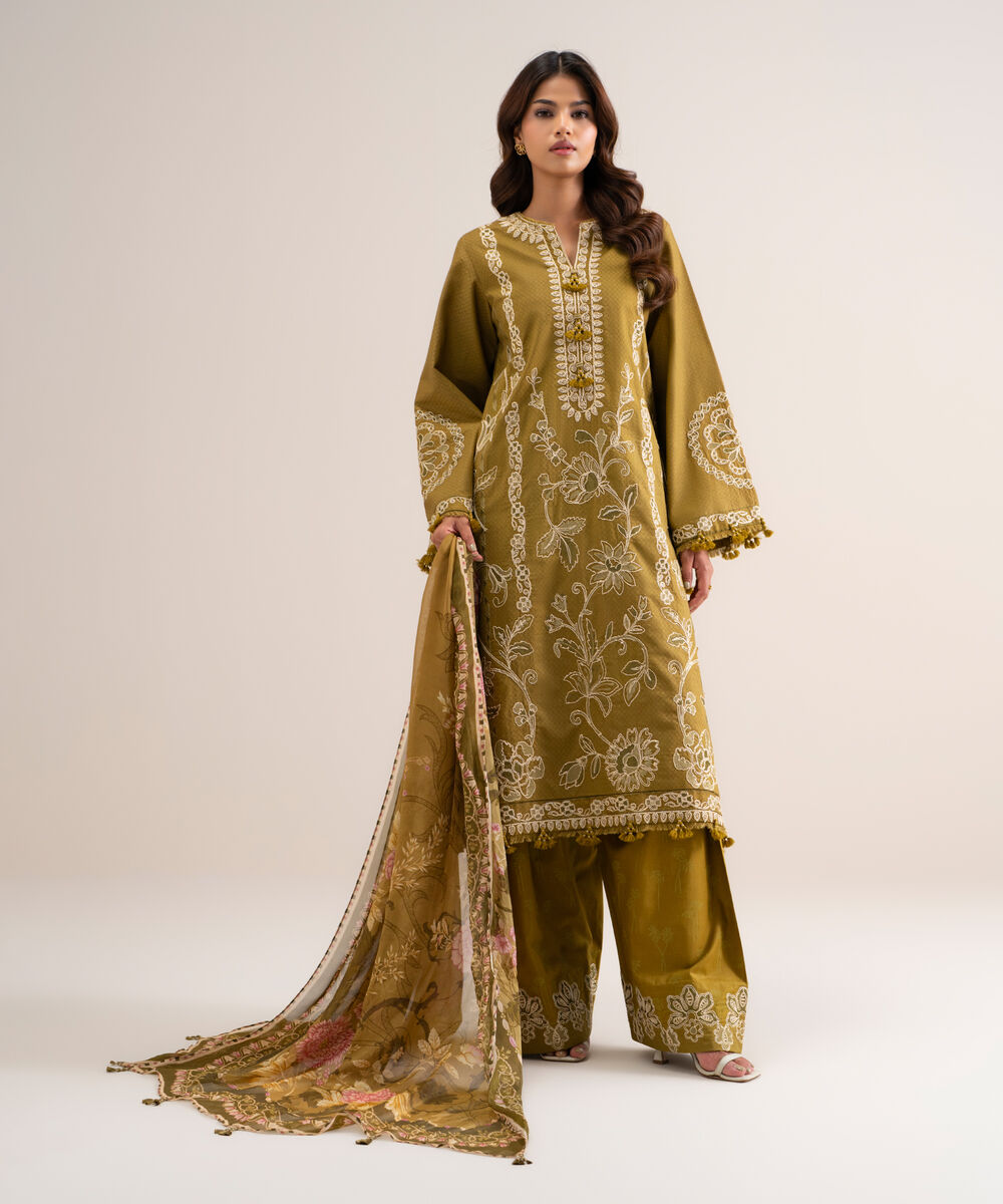 Women's Unstitched Embroidered Dobby Olive Green 3 Piece Suit