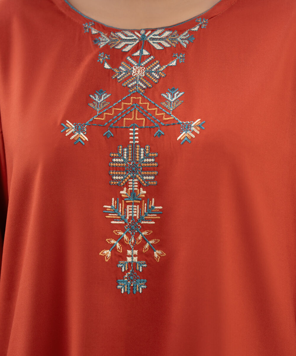 Women's RTW Khaddar Embroidered Straight Red Shirt