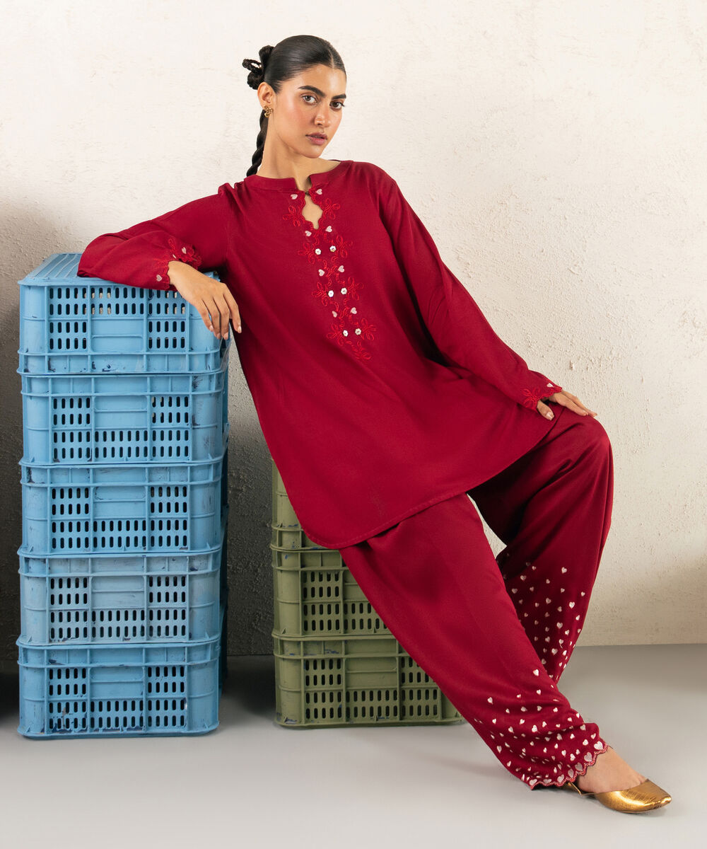 Women's RTW Bedford Solid Embroidered Red Straight Shirt